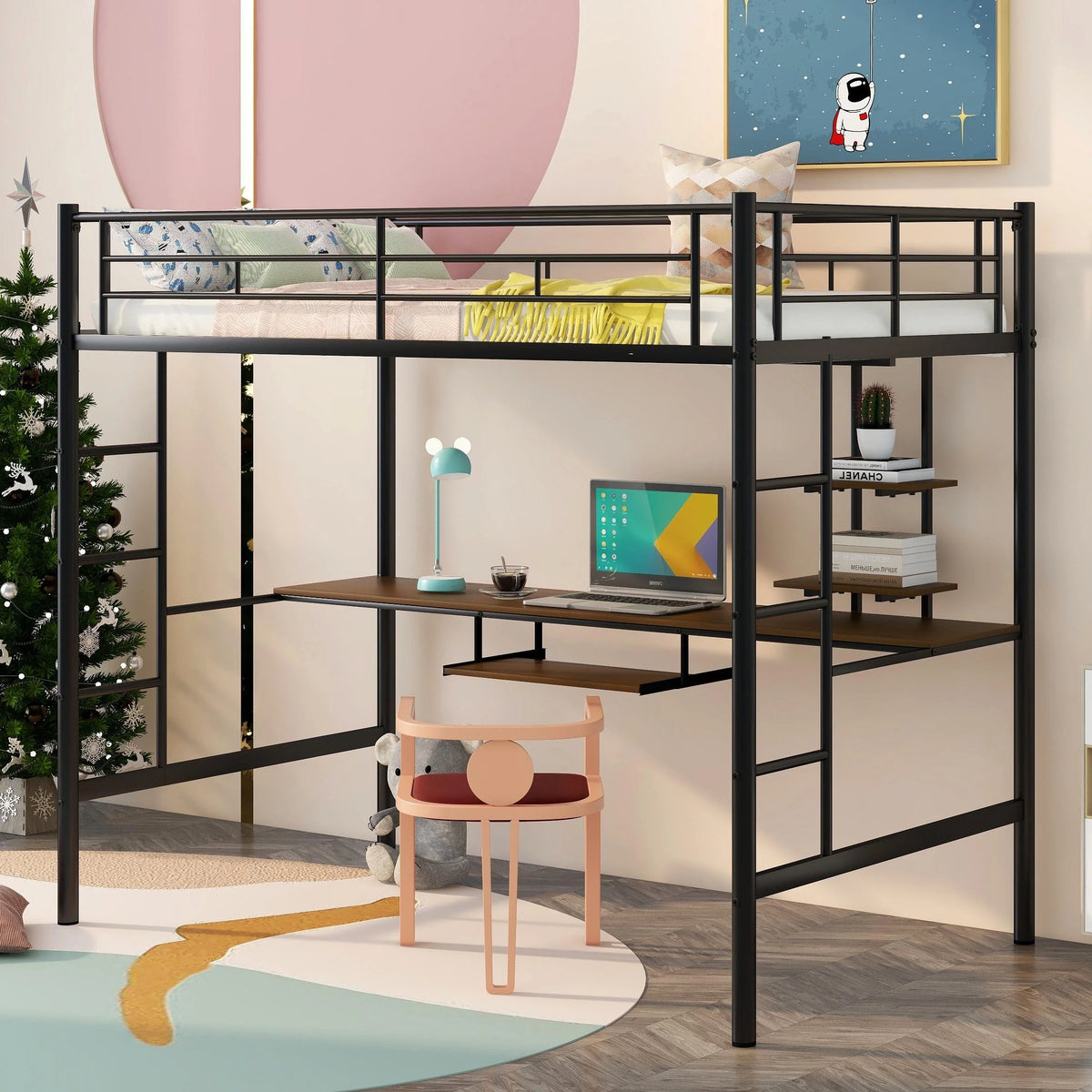 Full Size Black Metal Loft Bed with Desk and Shelves M8911