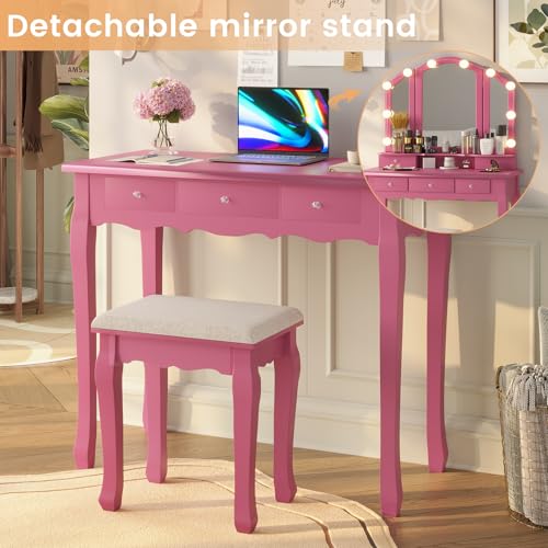 White Vanity Desk with Lighted Mirror and Stool, 5 Drawers O195