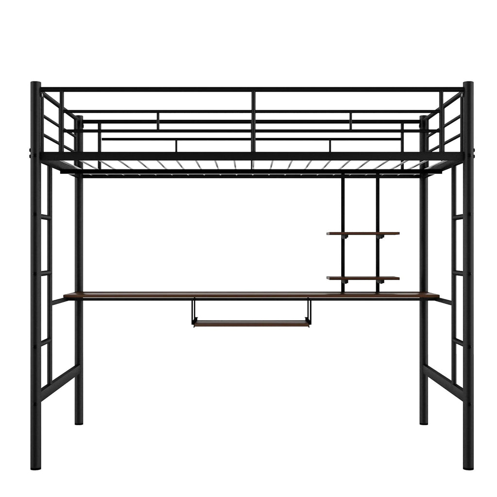 Full Size Black Metal Loft Bed with Desk and Shelves M8911