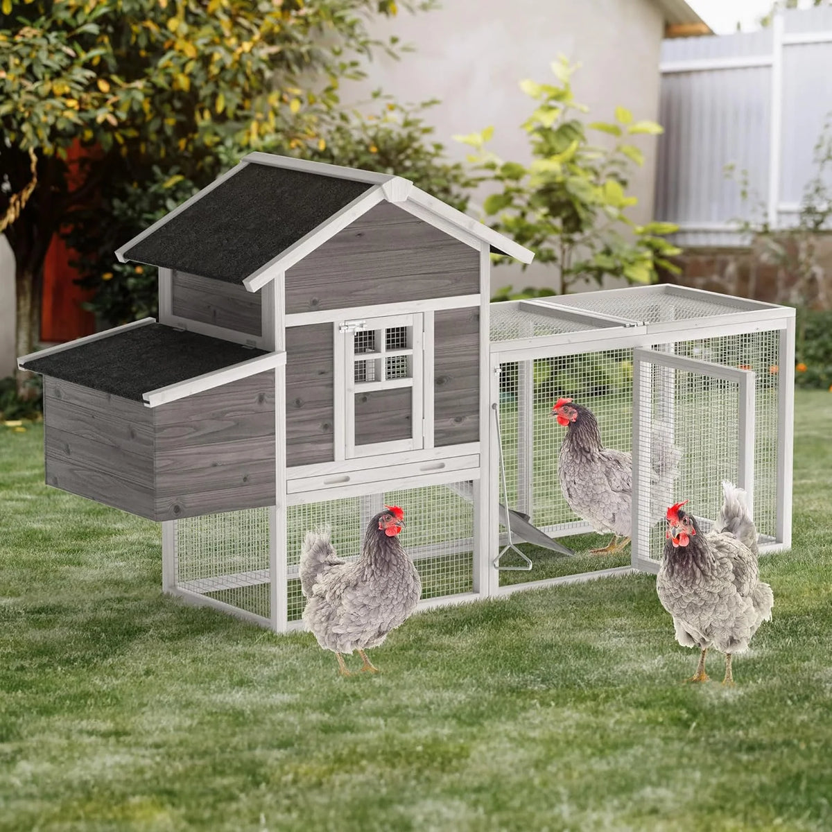 80" 2 Tier Wooden Chicken Coop with Pull Out Tray & Ramp J91726
