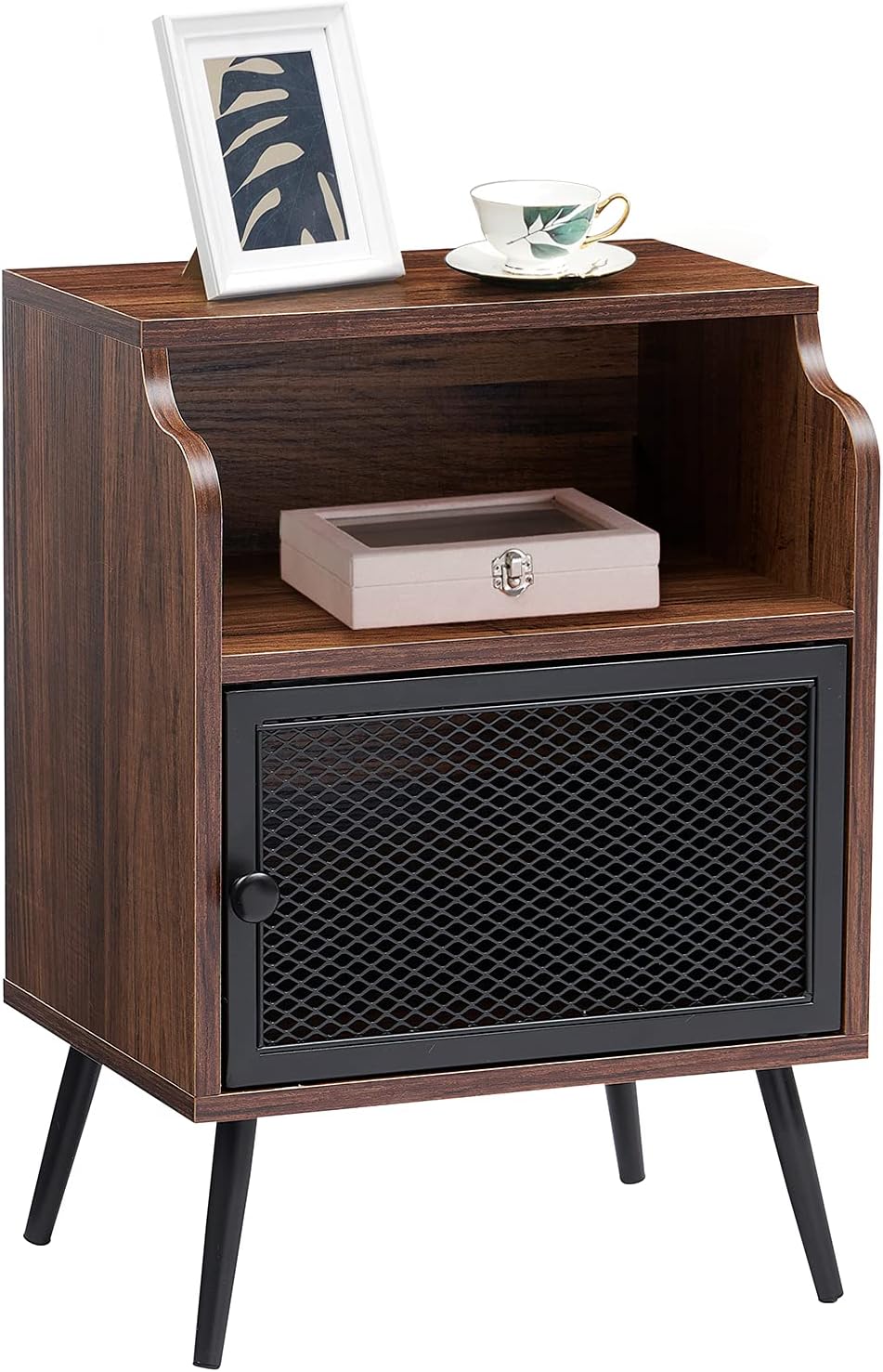 Brown Metal Nightstand with Storage Cabinet and Drawer Shelf Y3347