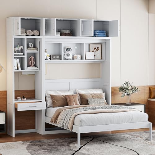 Queen Size Wood Murphy Bed with Desk and Storage Shelves J624