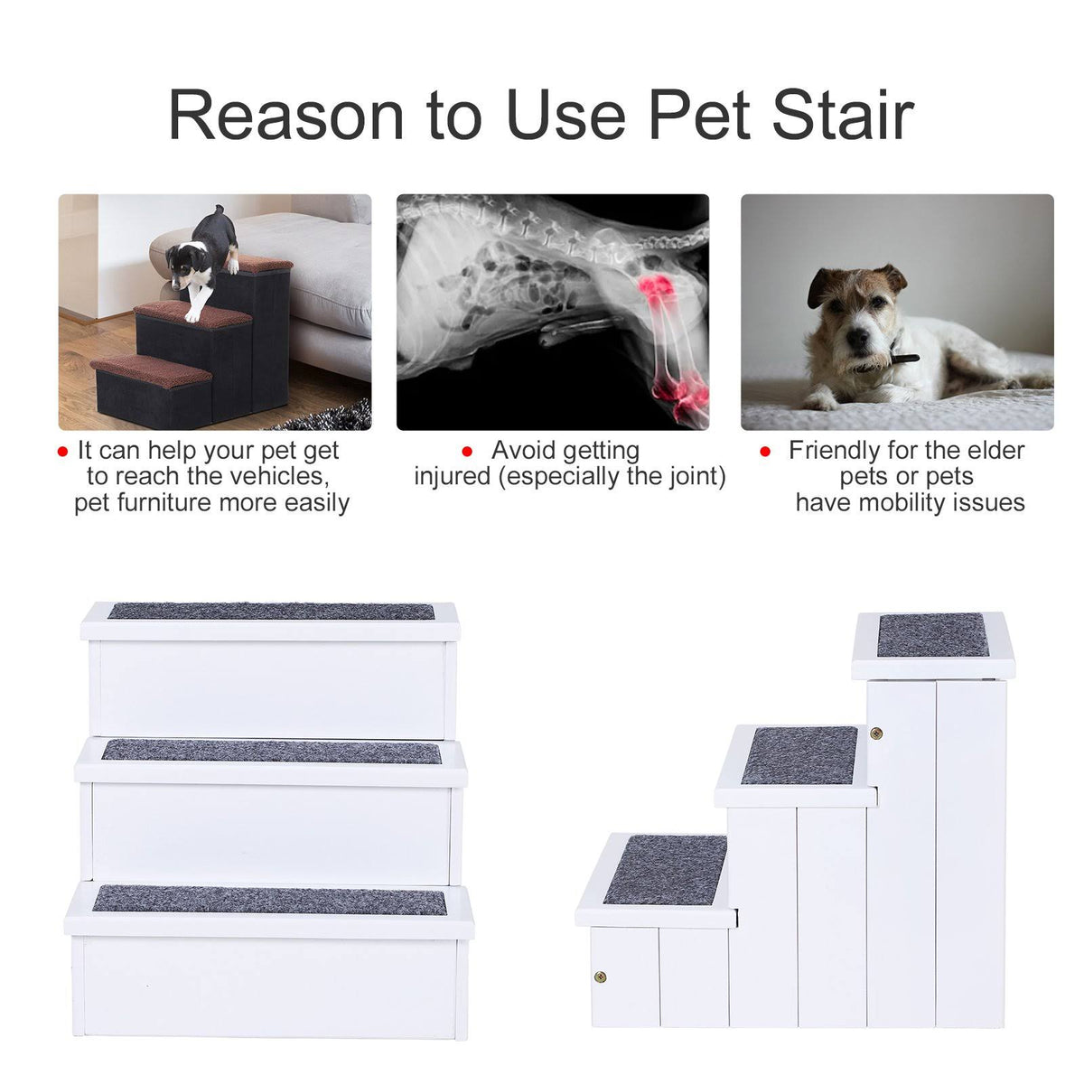 White 3 Step Wooden Non Slip Pet Stairs N14064