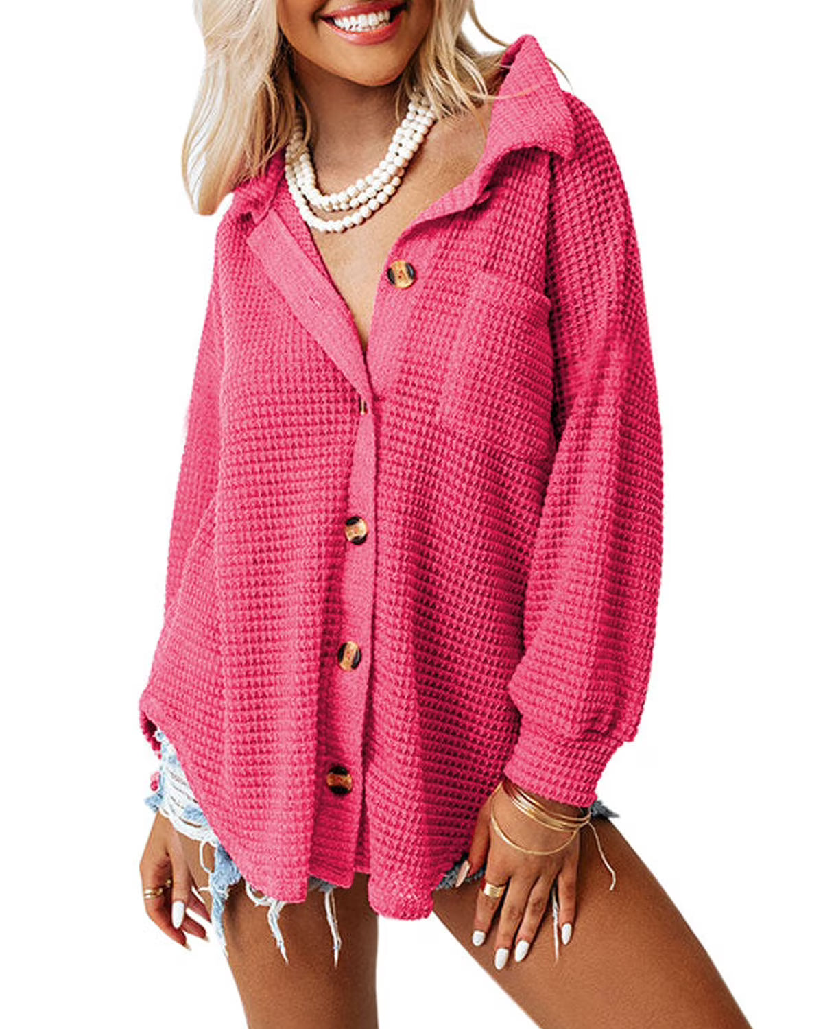 Pink Oversized Waffle Knit Shacket A794443