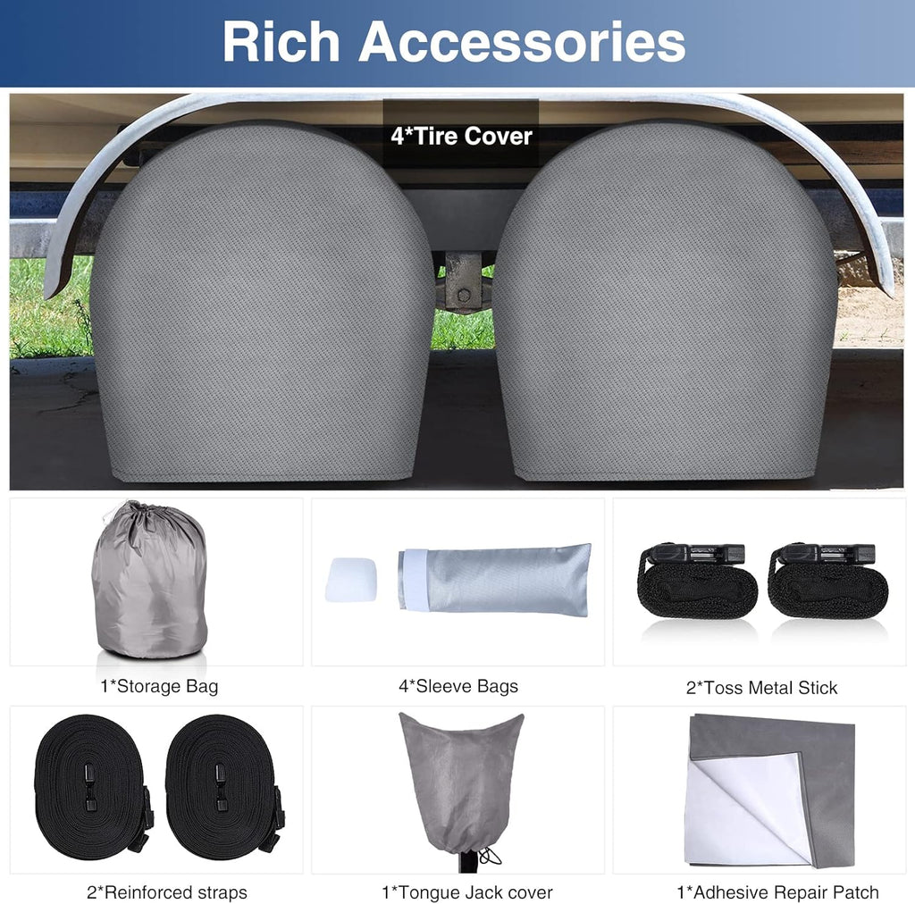Upgraded Waterproof 500D Travel Trailer RV Cover with 4 Tire Covers, Tongue Jack Cover T527849