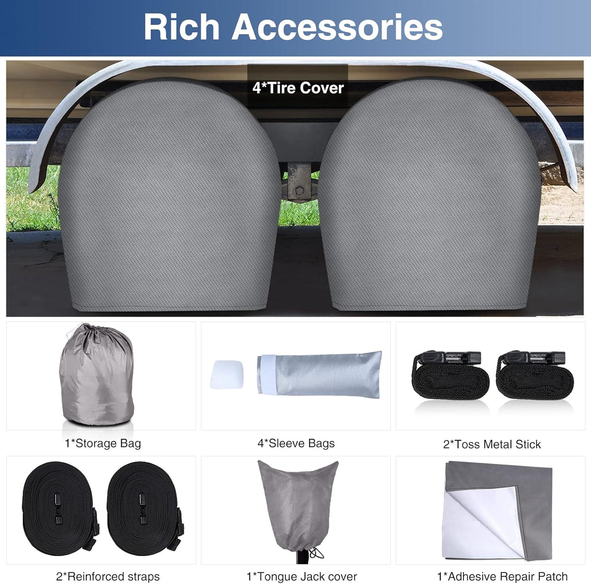 Upgraded Waterproof 500D Travel Trailer RV Cover with 4 Tire Covers, Tongue Jack Cover T527849