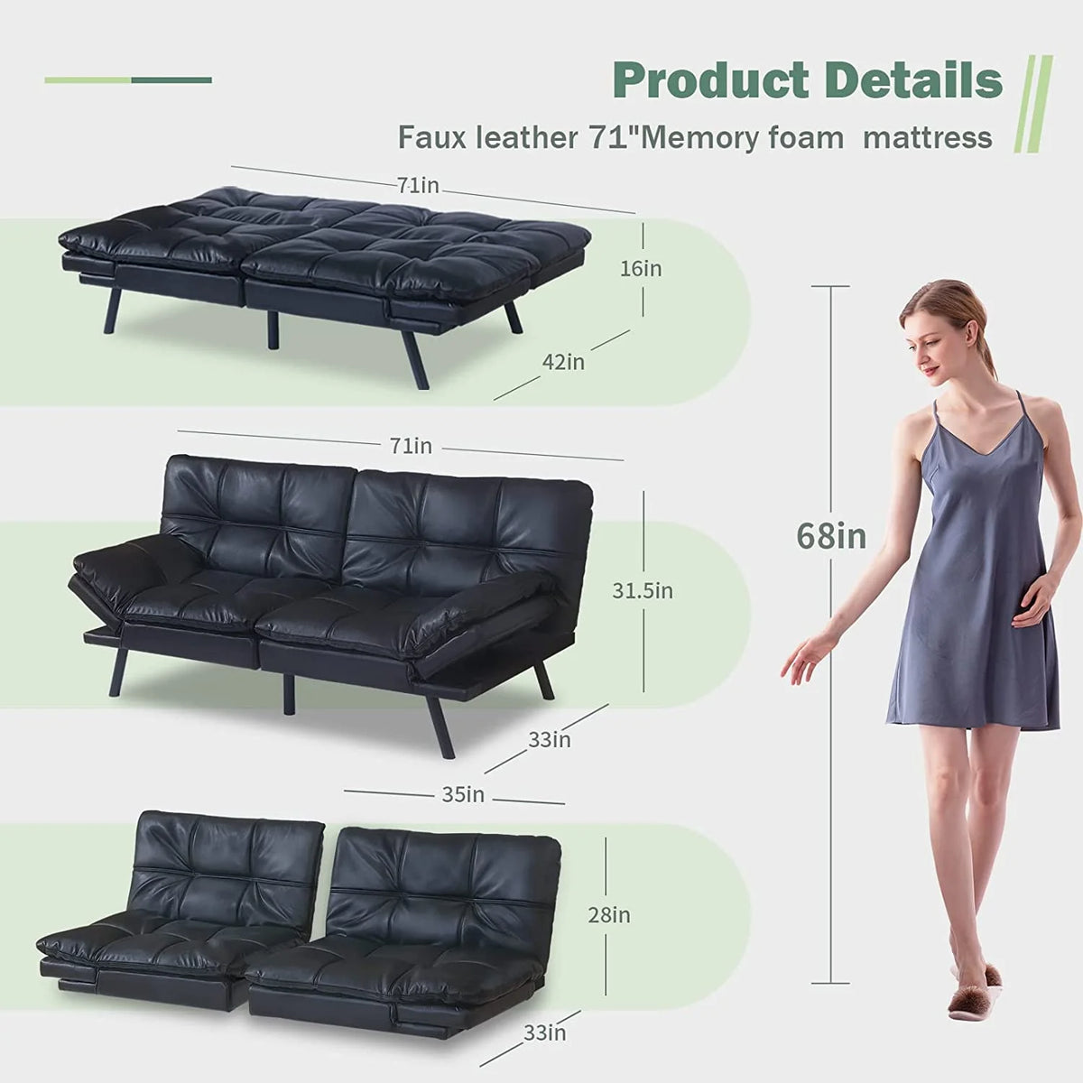 Black Leather Memory Foam Convertible Futon Sofa Bed B143907