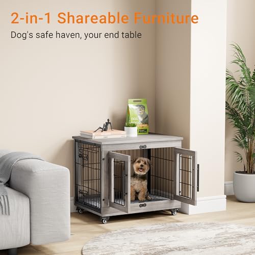 Grey Wooden Dog Crate 32'' with Cushion & Wheels Double Doors Z65063
