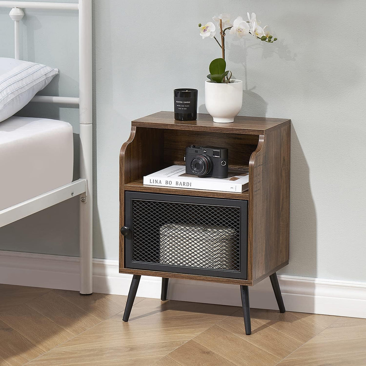 Brown Metal Nightstand with Storage Cabinet and Drawer Shelf Y3347