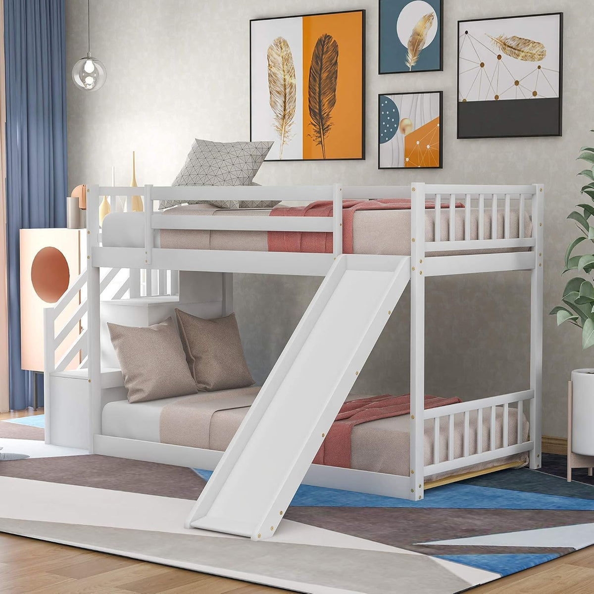 Grey Twin Over Twin Bunk Bed with Slide and Stairs Storage I8879