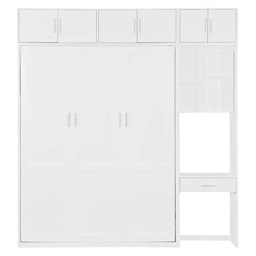 Queen Size Wood Murphy Bed with Desk and Storage Shelves J624