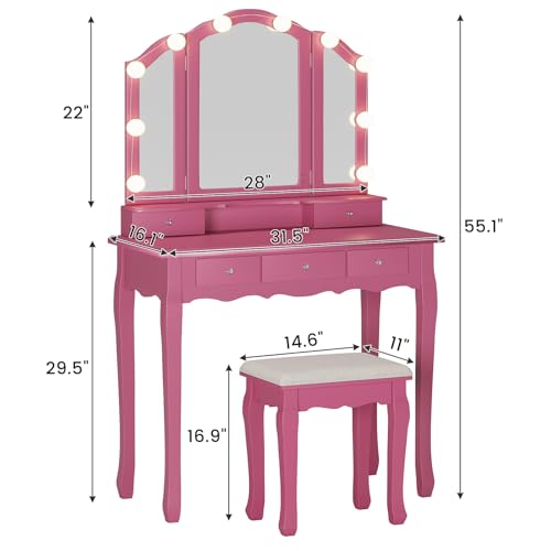 White Vanity Desk with Lighted Mirror and Stool, 5 Drawers O195