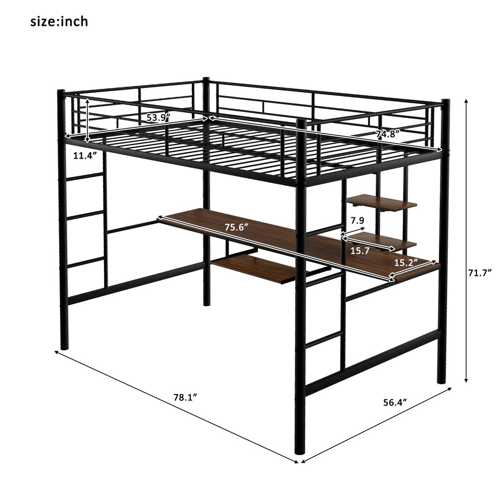 Full Size Black Metal Loft Bed with Desk and Shelves M8911