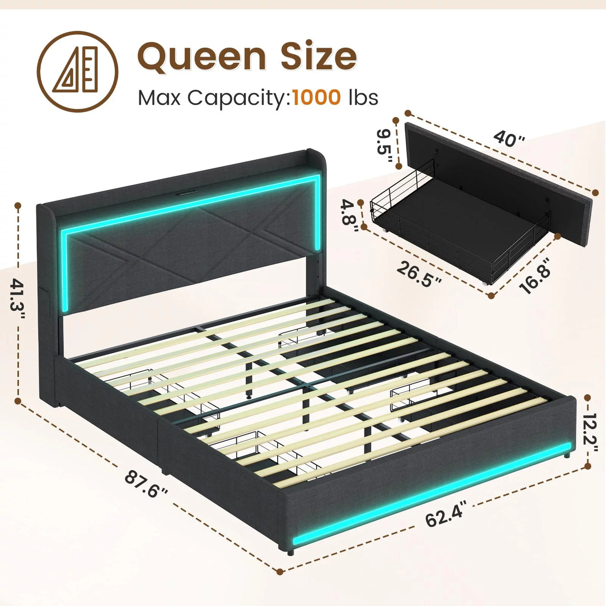Queen Size Upholstered Platform Bed with 4 Storage Drawers Y3486