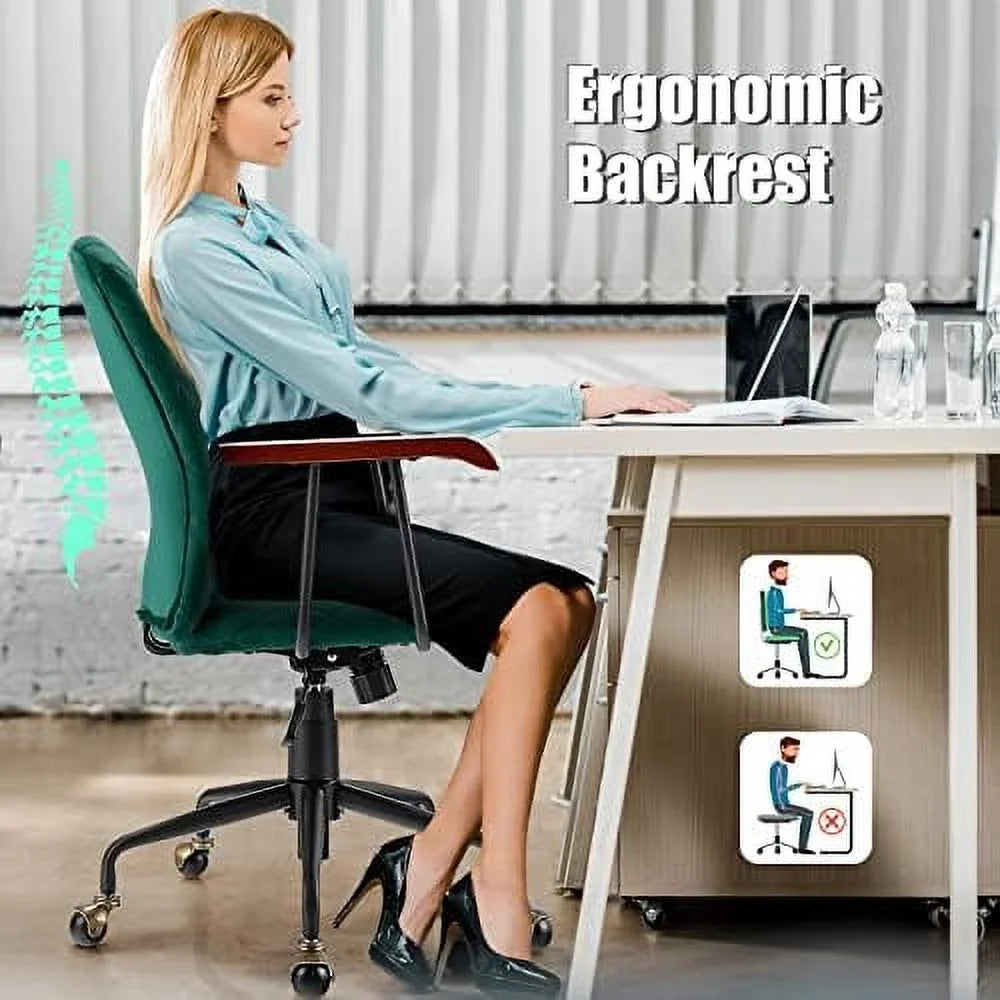 White Velvet Upholstered Office Chair with Rubber Wood Armrests S393
