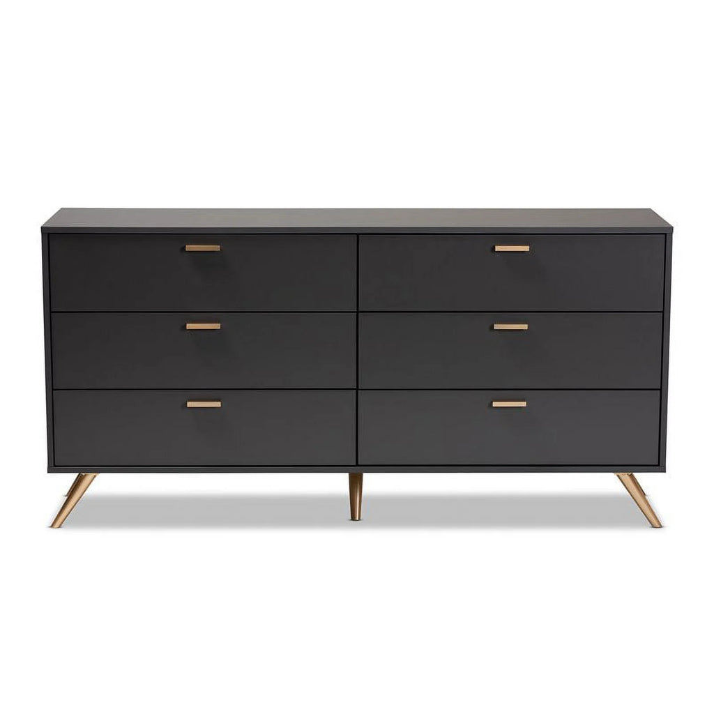 Dark Grey Gold Wood 6-Drawer Dresser S444