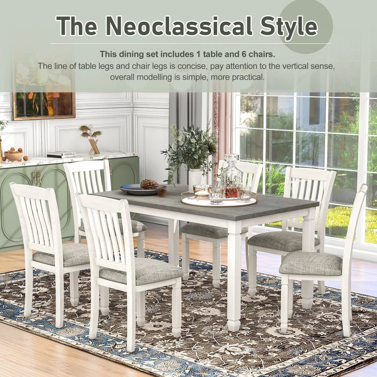 Solid Wood 7-Pieces Dining Table Set with 6 Upholstered Chairs U4099