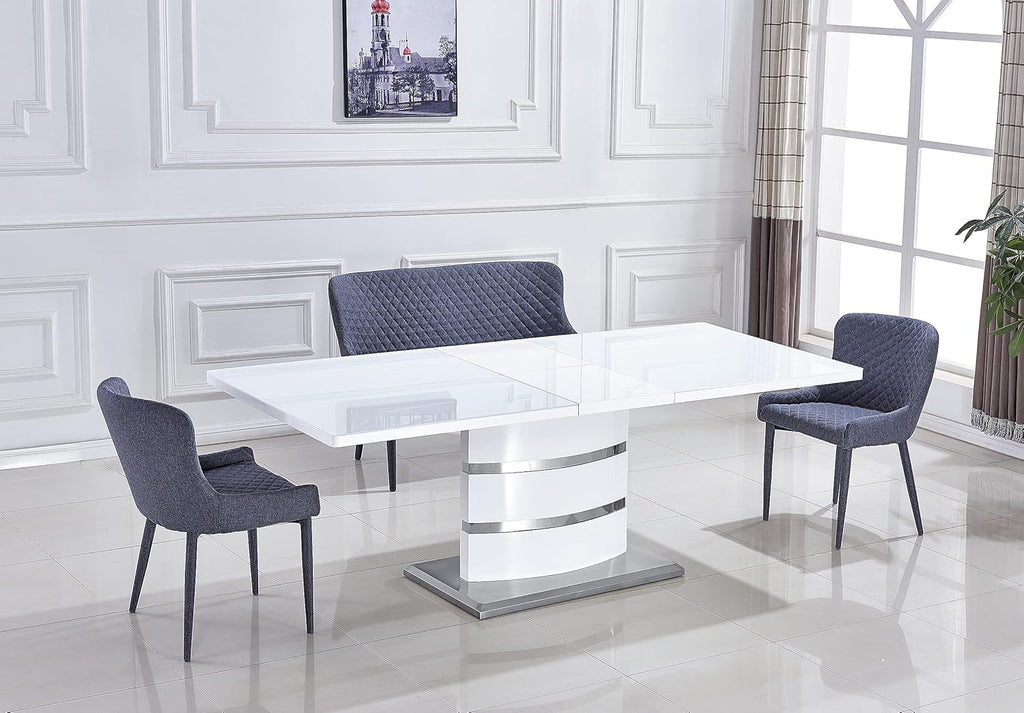 Extendable Dining Table with Butterfly Leaf, White High Gloss Lacquer MDF Base, Stainless Steel, 8 to 12 Person W754