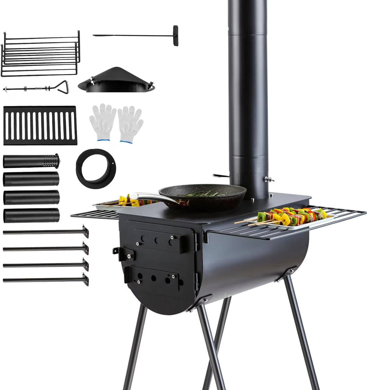 118 inch Alloy Steel Portable Wood Burning Stove with Chimney Pipes & Gloves M6675