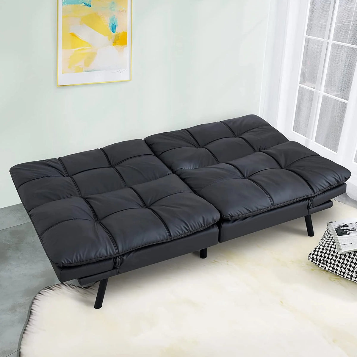 Black Leather Memory Foam Convertible Futon Sofa Bed B143907