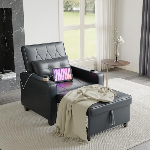 Black Leather Convertible Sofa Chair Bed E6259