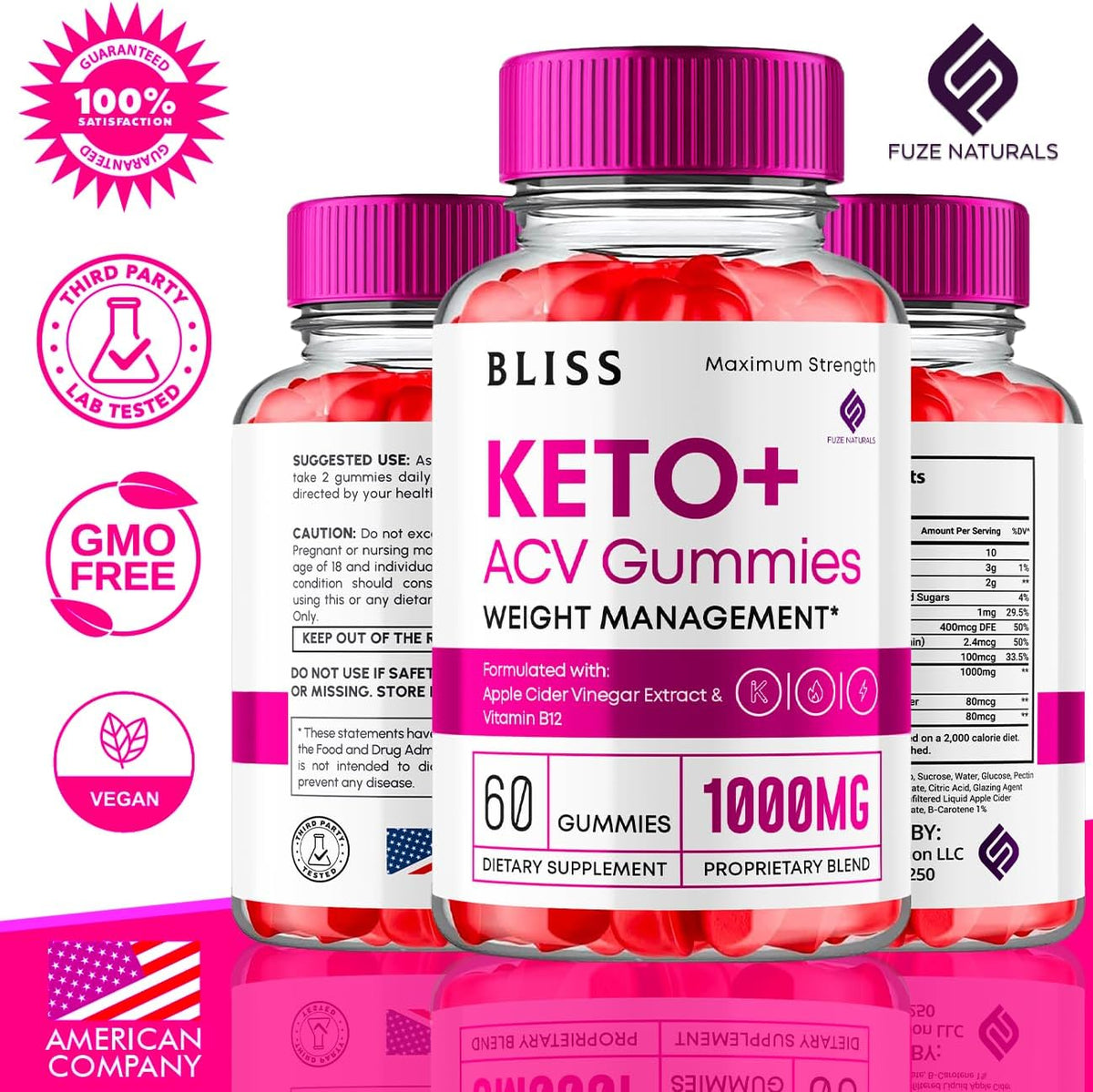 Keto ACV Gummies 1000mg Apple Cider Vinegar Vitamin B12 B6 Folate Supplement (60 Gummies) R523