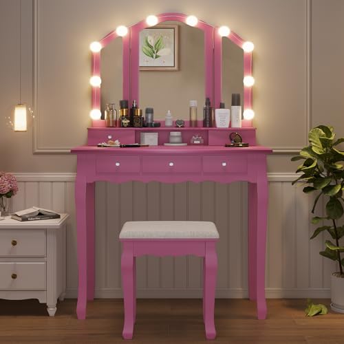White Vanity Desk with Lighted Mirror and Stool, 5 Drawers O195