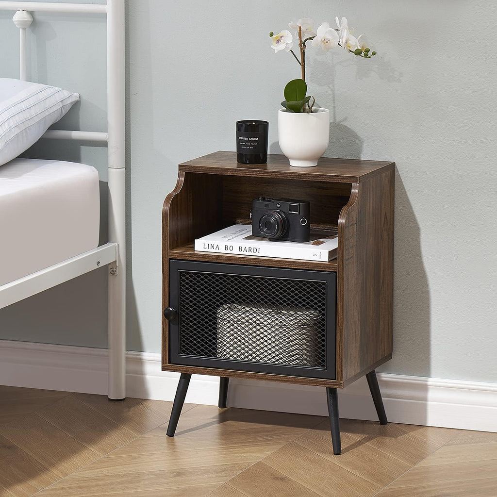 Brown Metal Nightstand with Storage Cabinet and Drawer Shelf Y3347