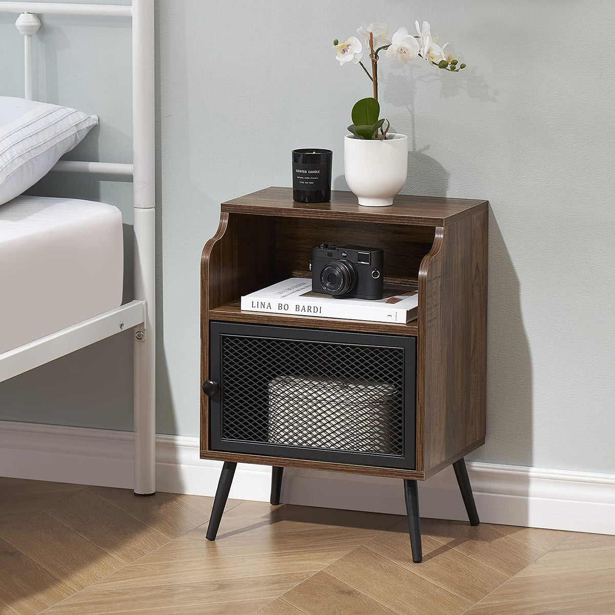 Brown Metal Nightstand with Storage Cabinet and Drawer Shelf Y3347