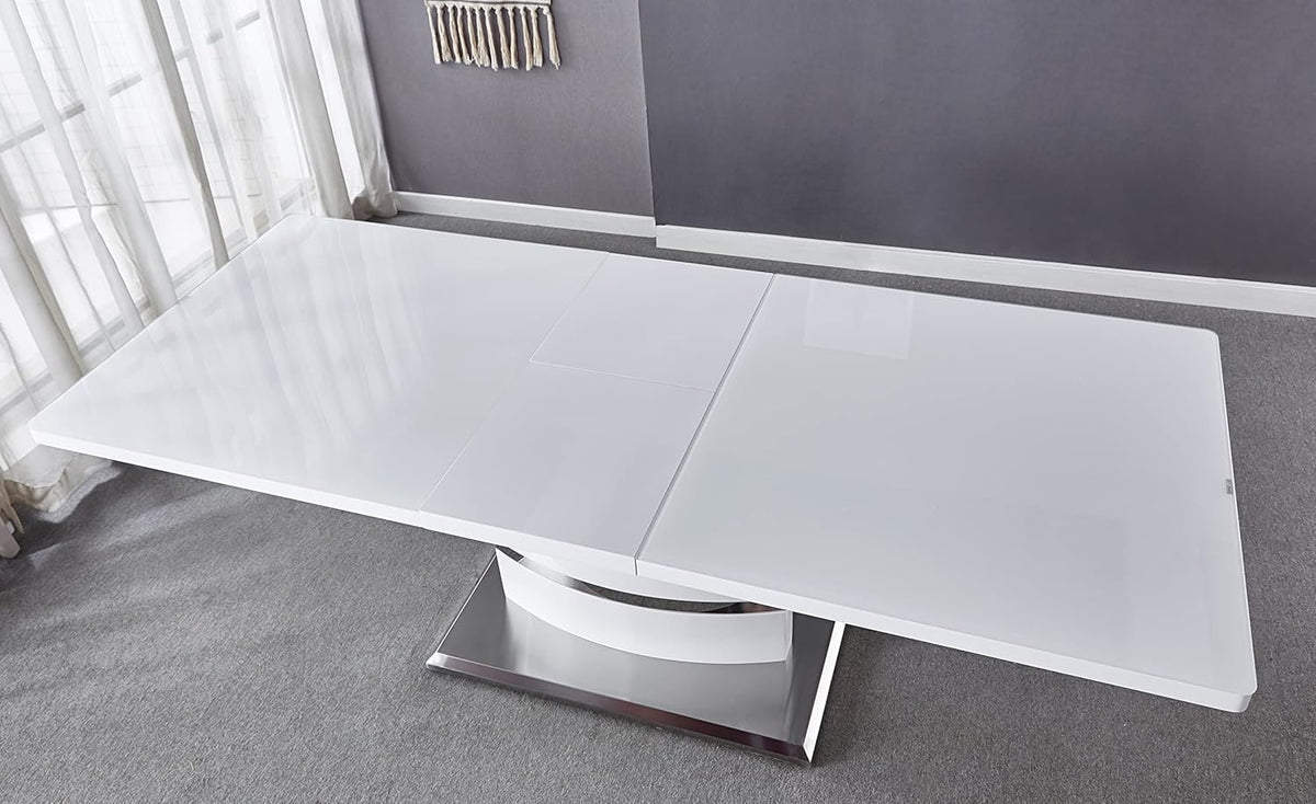 Extendable Dining Table with Butterfly Leaf, White High Gloss Lacquer MDF Base, Stainless Steel, 8 to 12 Person W754