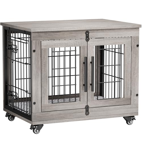Grey Wooden Dog Crate 32'' with Cushion & Wheels Double Doors Z65063