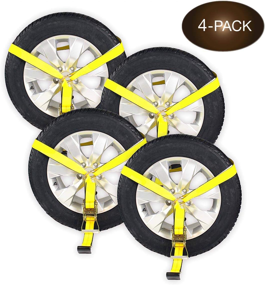 4 Pack Car Wheel Lasso Straps with Flat Hook and Ratchet C1745
