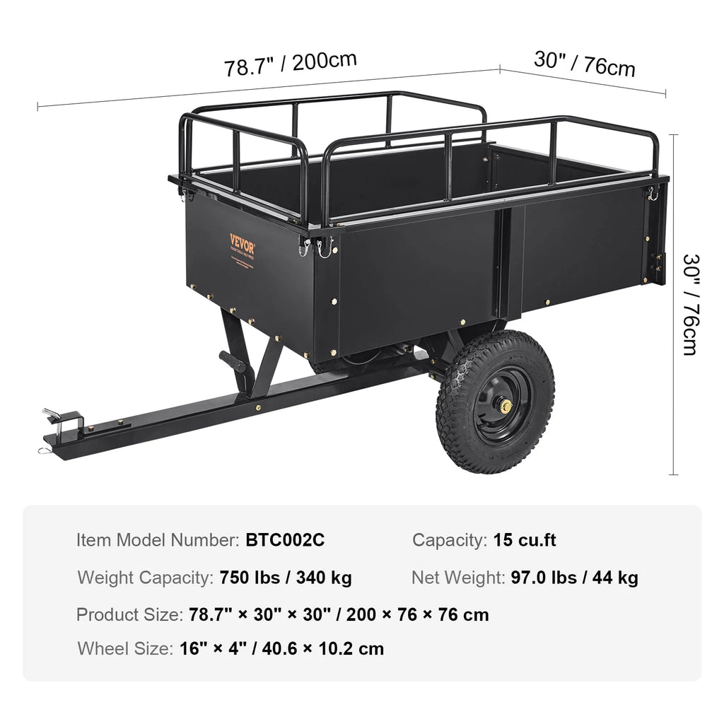 750 lbs 15 Cu. Ft Steel Utility Trailer with Removable Sides Q475