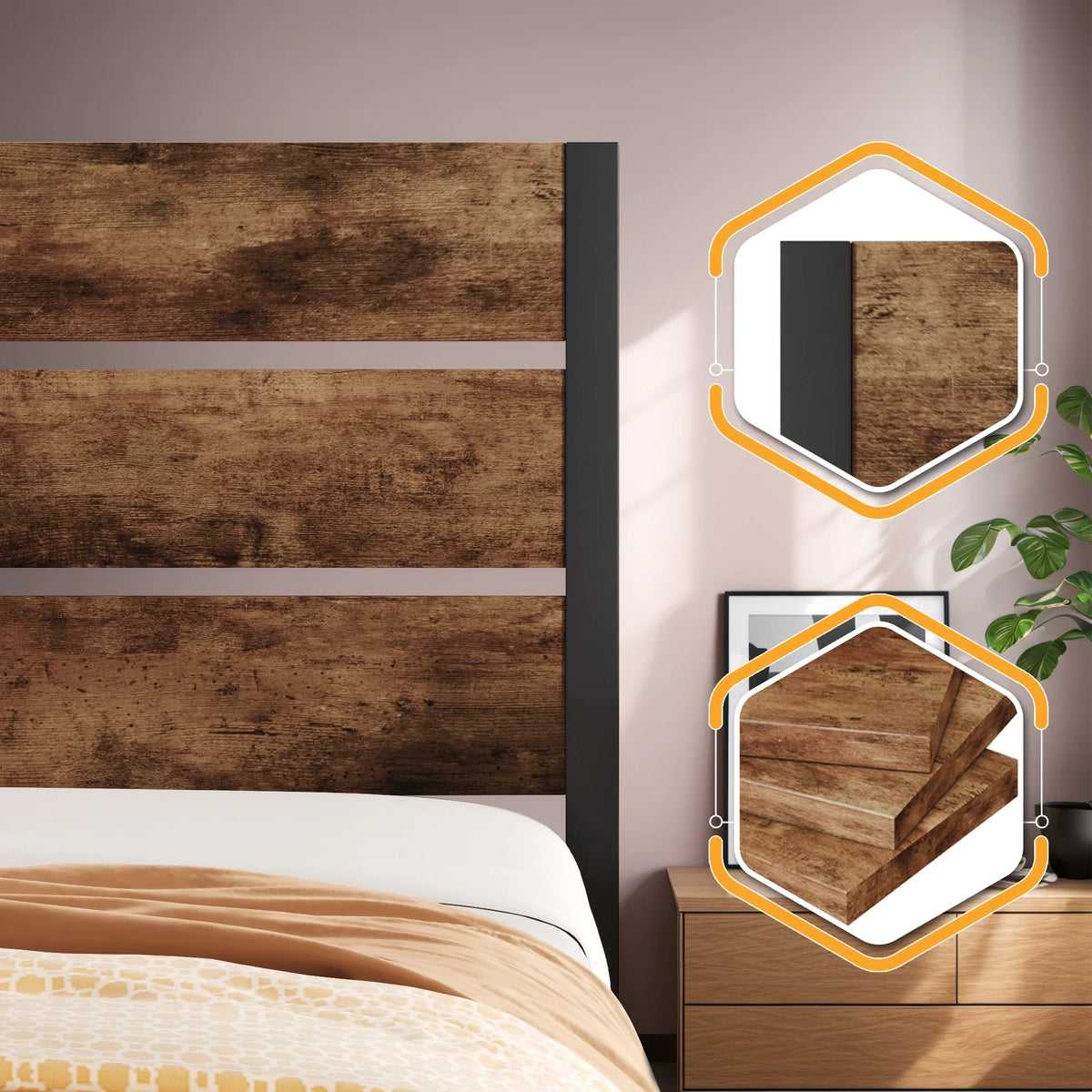 Queen Bed Frame with Wood Headboard and Footboard, Rustic Brown P641