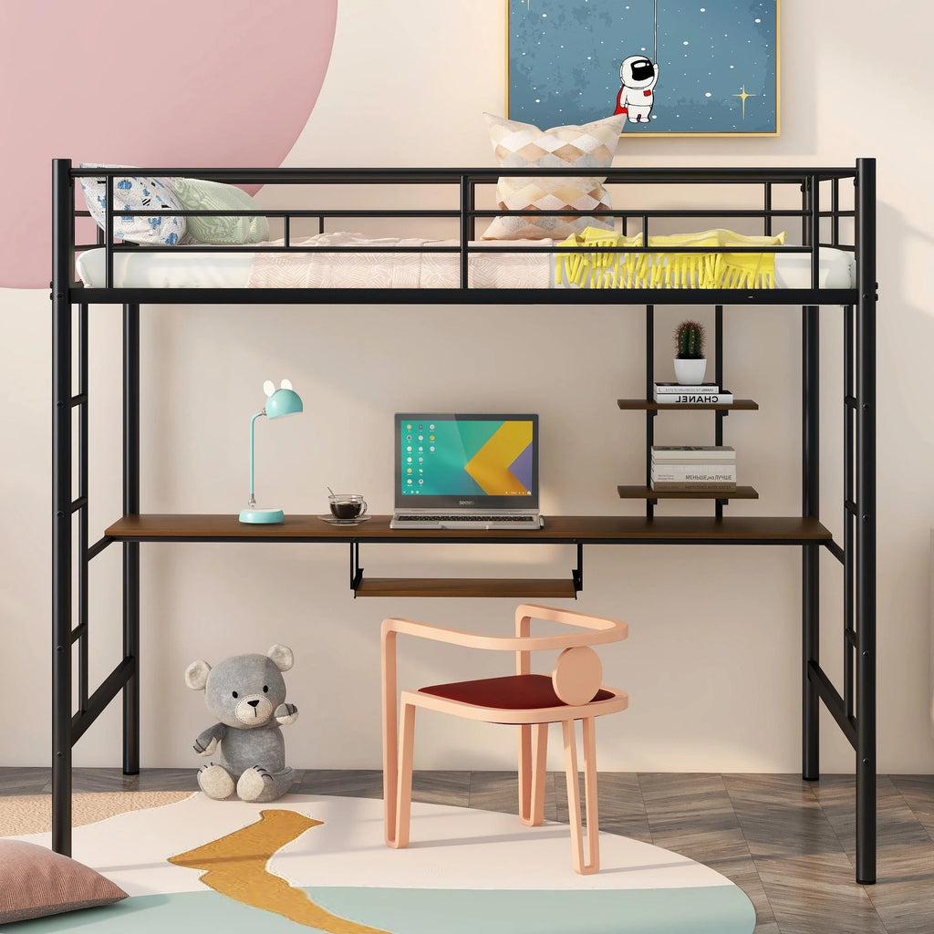 Full Size Black Metal Loft Bed with Desk and Shelves M8911