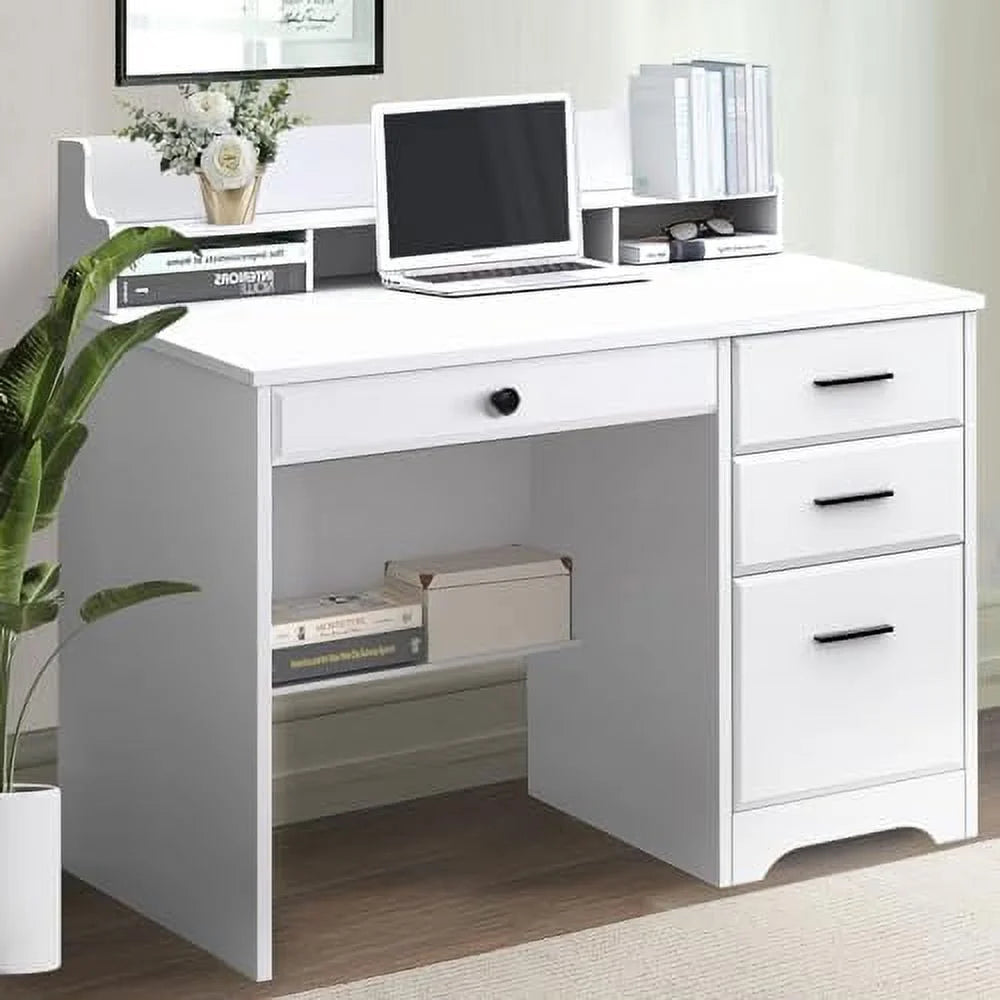 White 44" Wood Desk with 4 Drawers and Hutch O213
