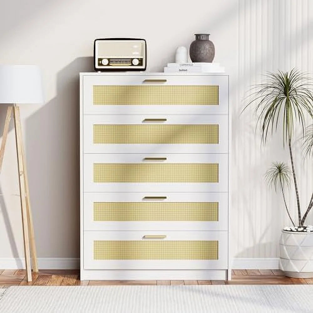 Rattan 5 Drawer White Wooden Dresser P235