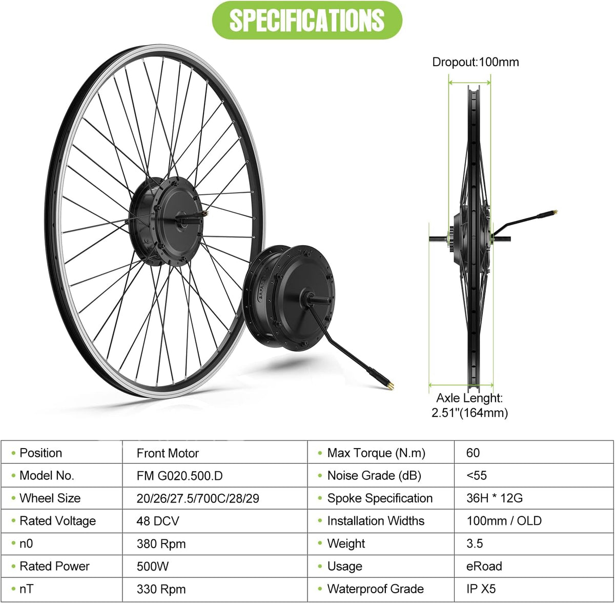 48V 500W Front Hub Motor Electric Bike Conversion Kit for 26 inch Wheel with LCD Display A163