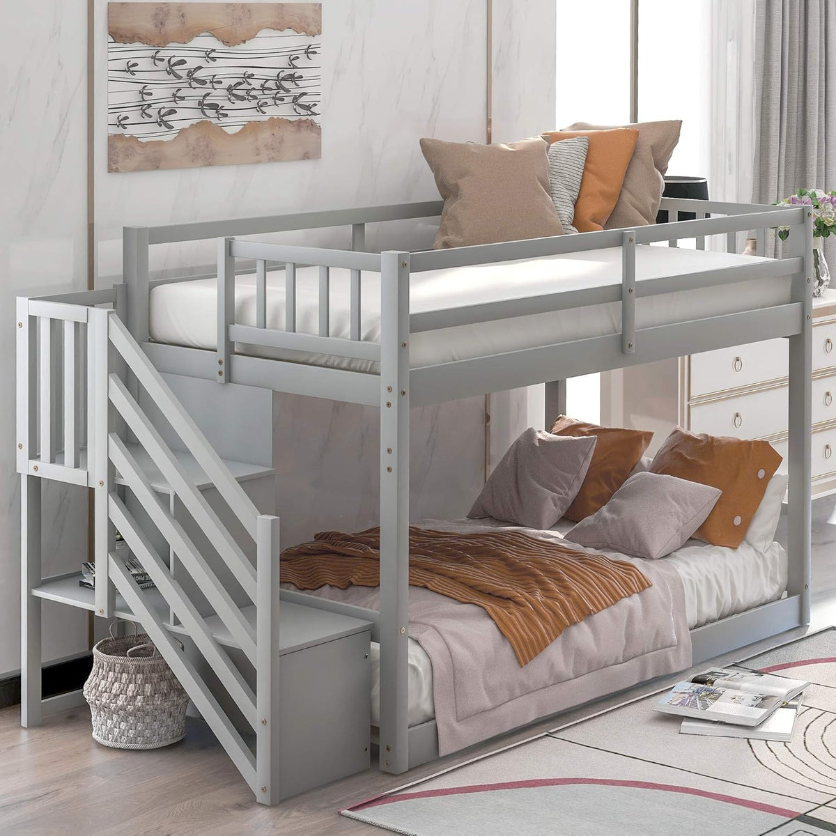 Grey Twin Over Twin Bunk Bed with Slide and Stairs Storage I8879