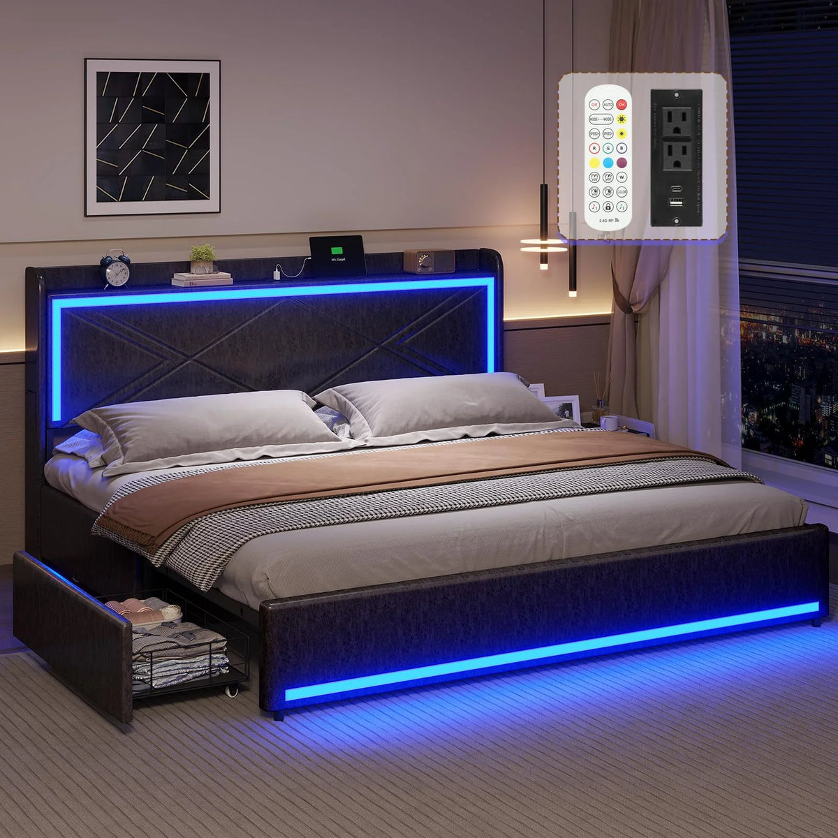 Queen Size Upholstered Platform Bed with 4 Storage Drawers Y3486