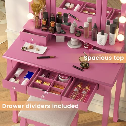 White Vanity Desk with Lighted Mirror and Stool, 5 Drawers O195