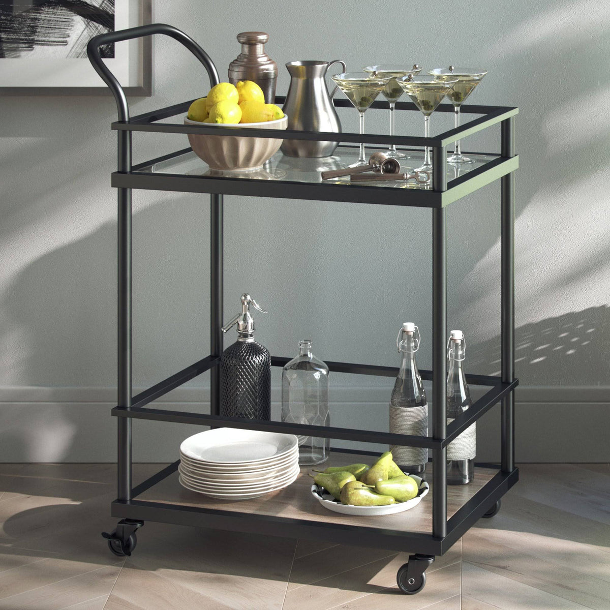 Black 2-Tiered Glass and Metal Rolling Bar and Serving Cart N3721