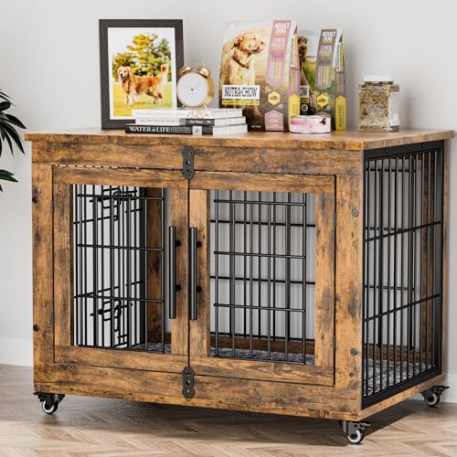 Grey Wooden Dog Crate 32'' with Cushion & Wheels Double Doors Z65063