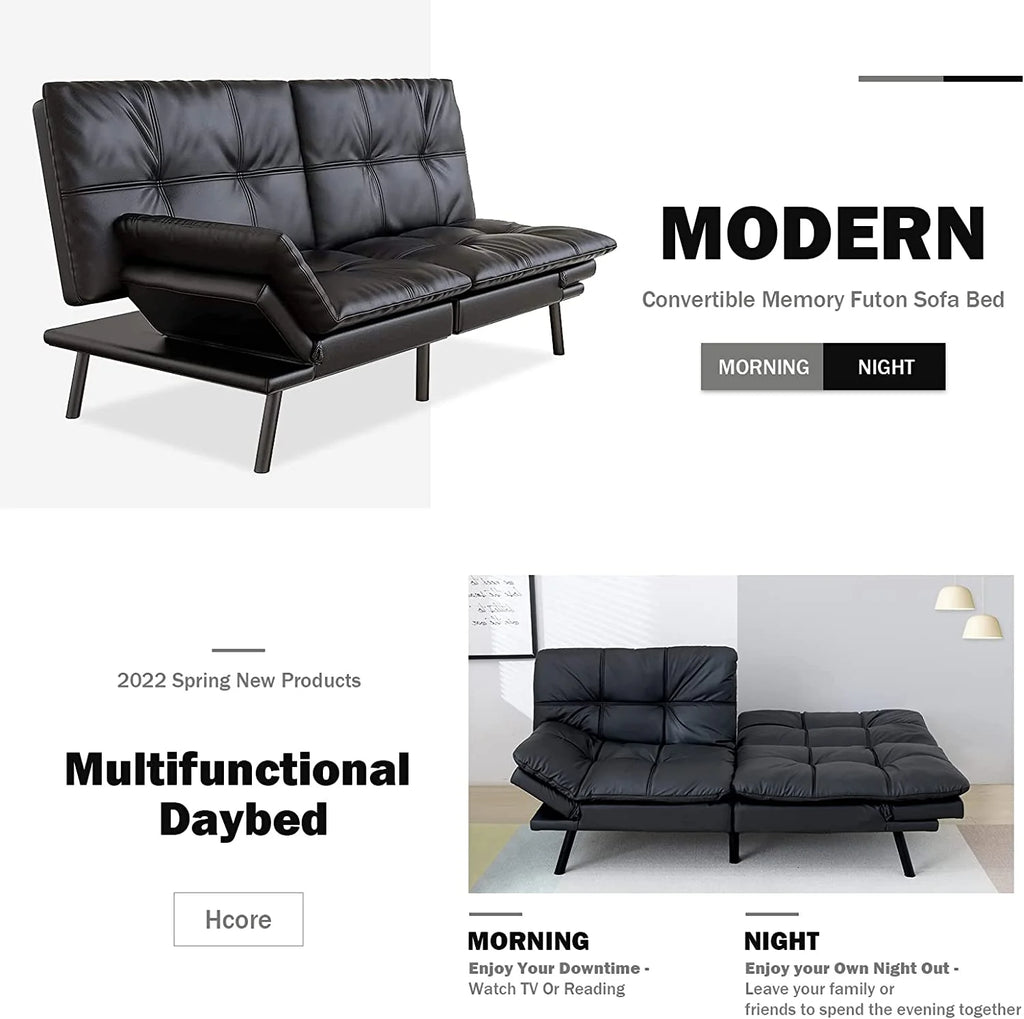 Black Leather Memory Foam Convertible Futon Sofa Bed B143907