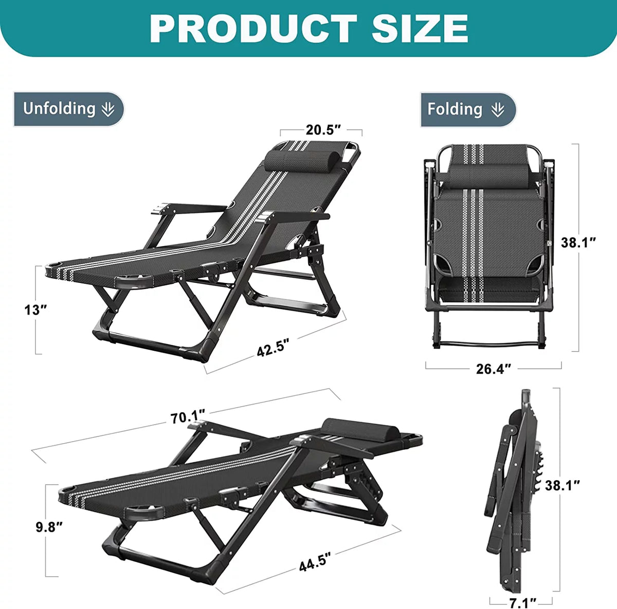Folding Adjustable 5-Position Outdoor Chaise Lounge Chair with Headrest M104
