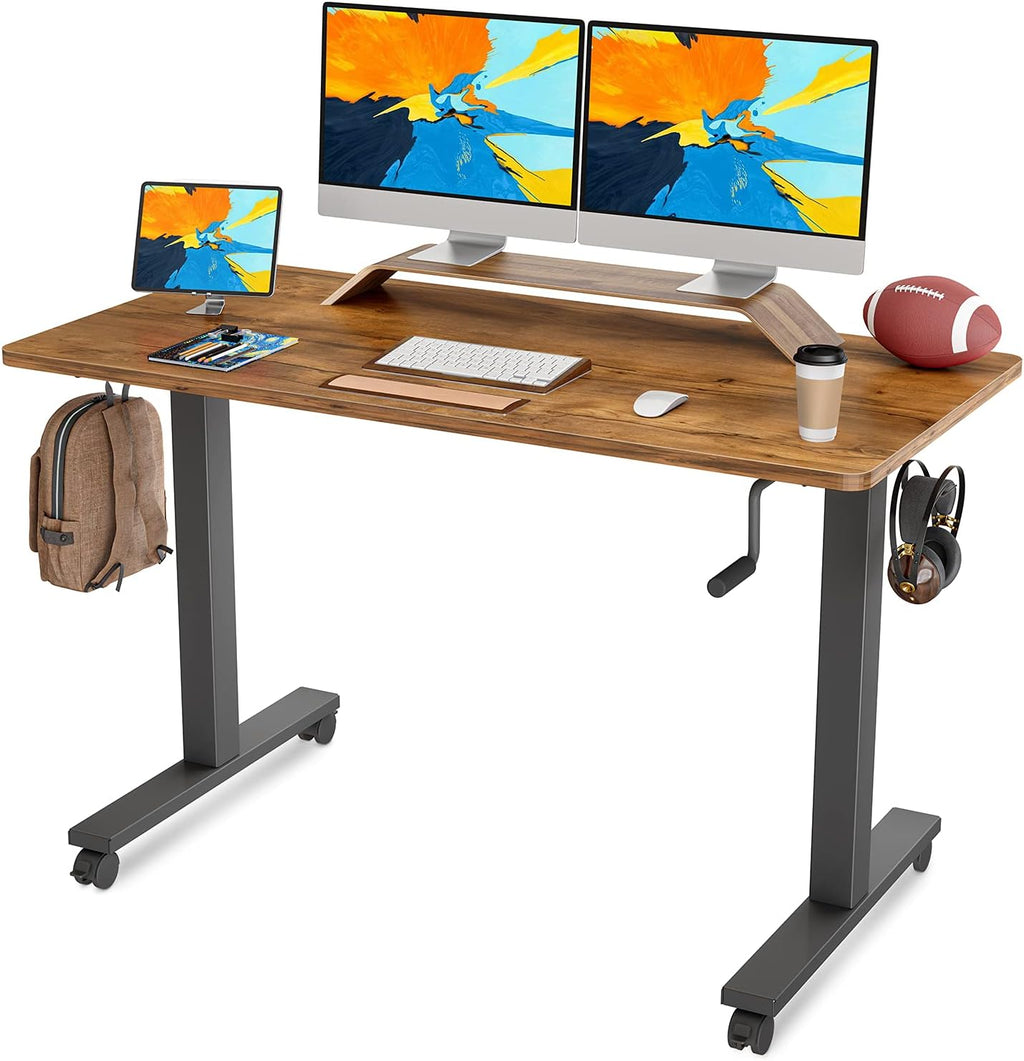 Crank Adjustable Height Standing Desk, 48 x 24 Inches Manual Sit Stand Workstation with Splice Board, Black Frame Greige Top D717