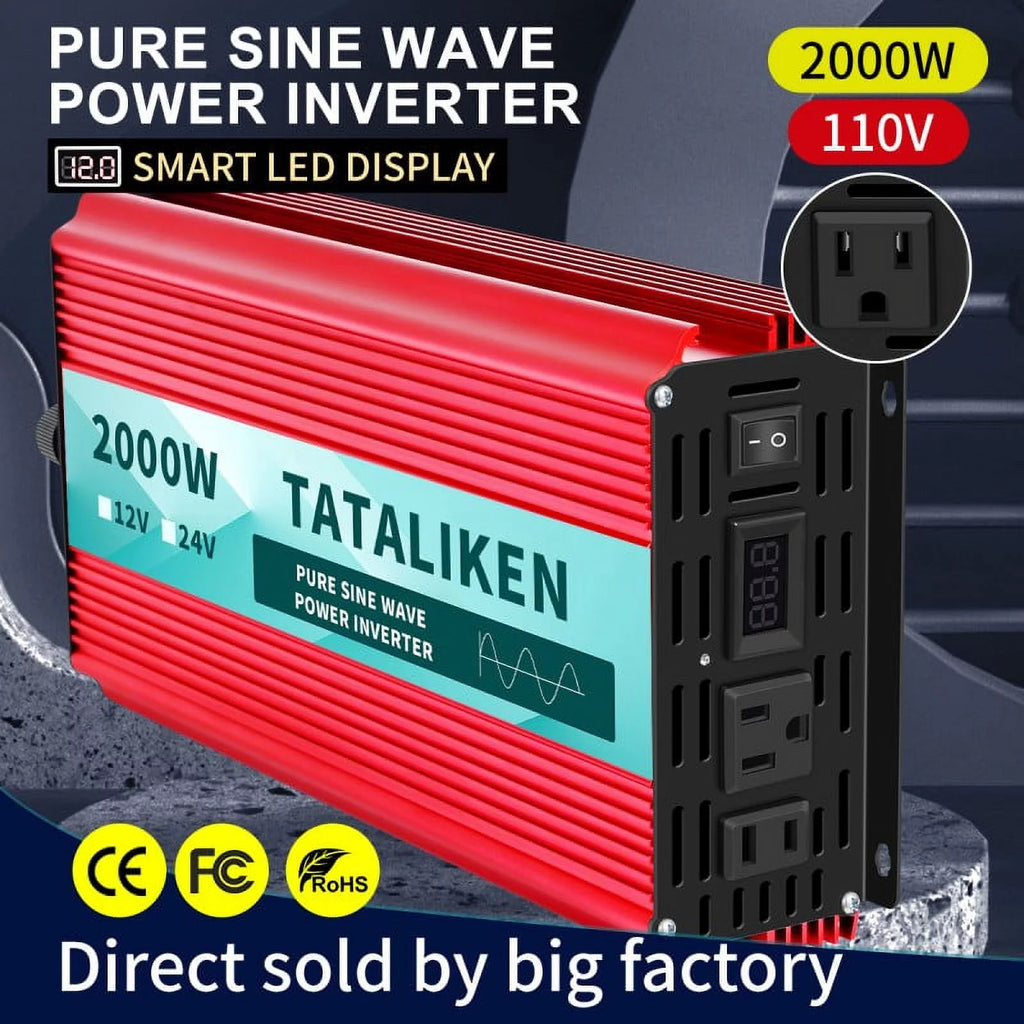 2000 Watts Pure Sine Wave Power Inverter DC 12V to AC 110V/120V with 2 AC Outlets H9963