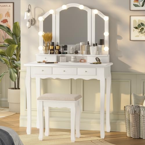 White Vanity Desk with Lighted Mirror and Stool, 5 Drawers O195