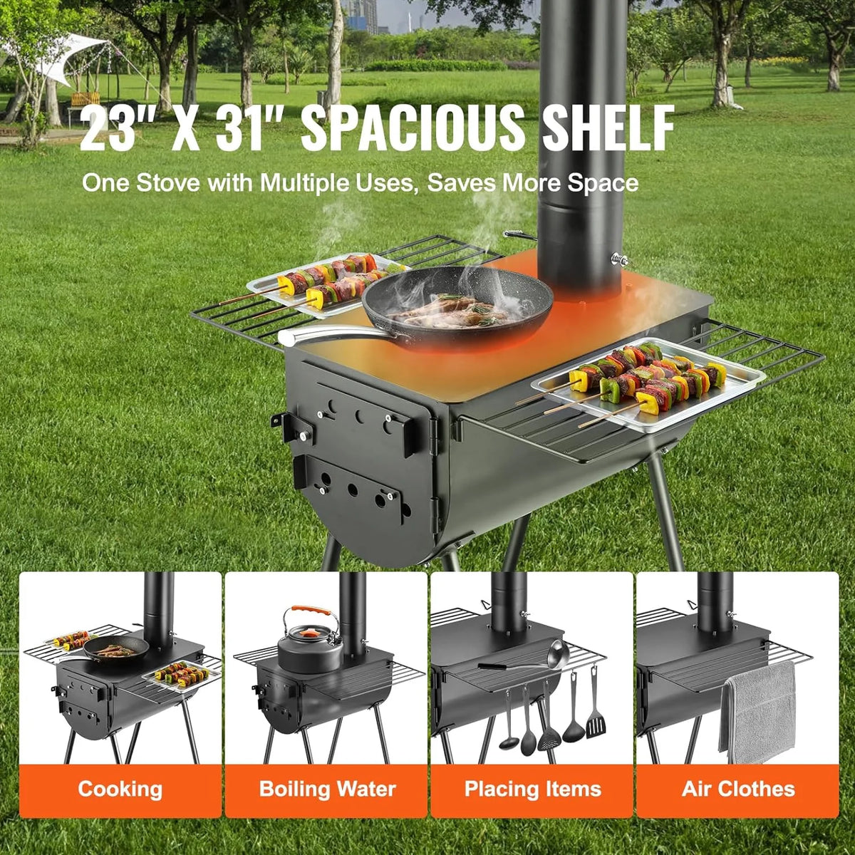 118 inch Alloy Steel Portable Wood Burning Stove with Chimney Pipes & Gloves M6675
