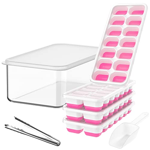 4 Pack Silicone Plastic Ice Cube Trays with Lid and Bin I647